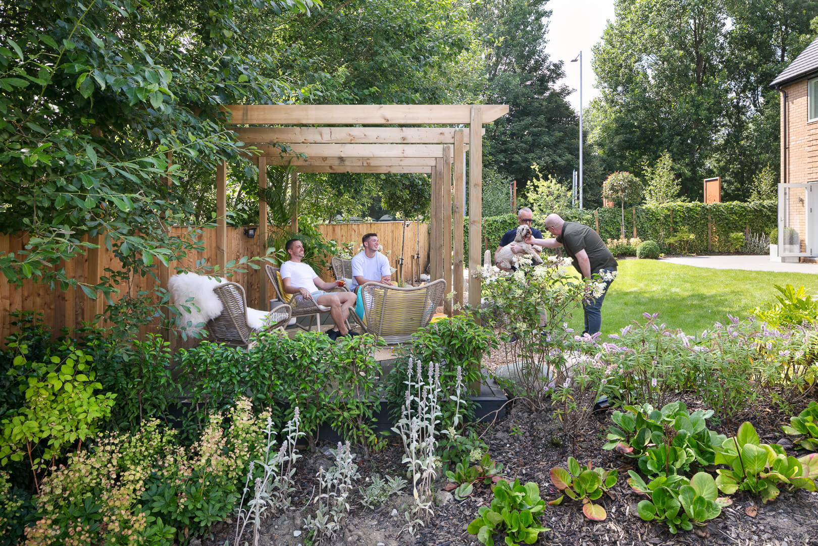 Friends chatting in a garden