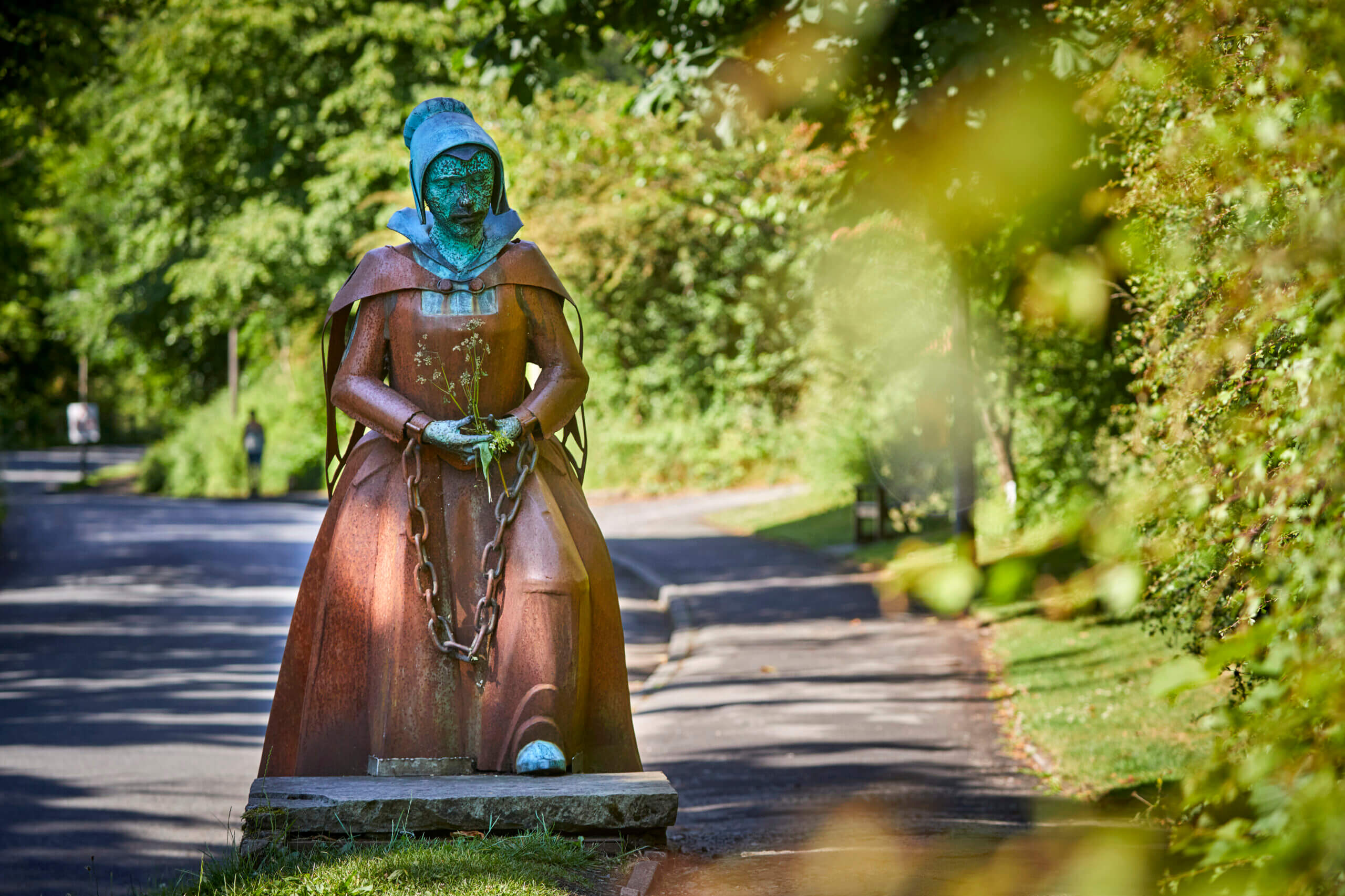 Barrowford village civil parish Pendle district of Lancashire, England. accused of being a witch Alice Nutter statue Roughlee