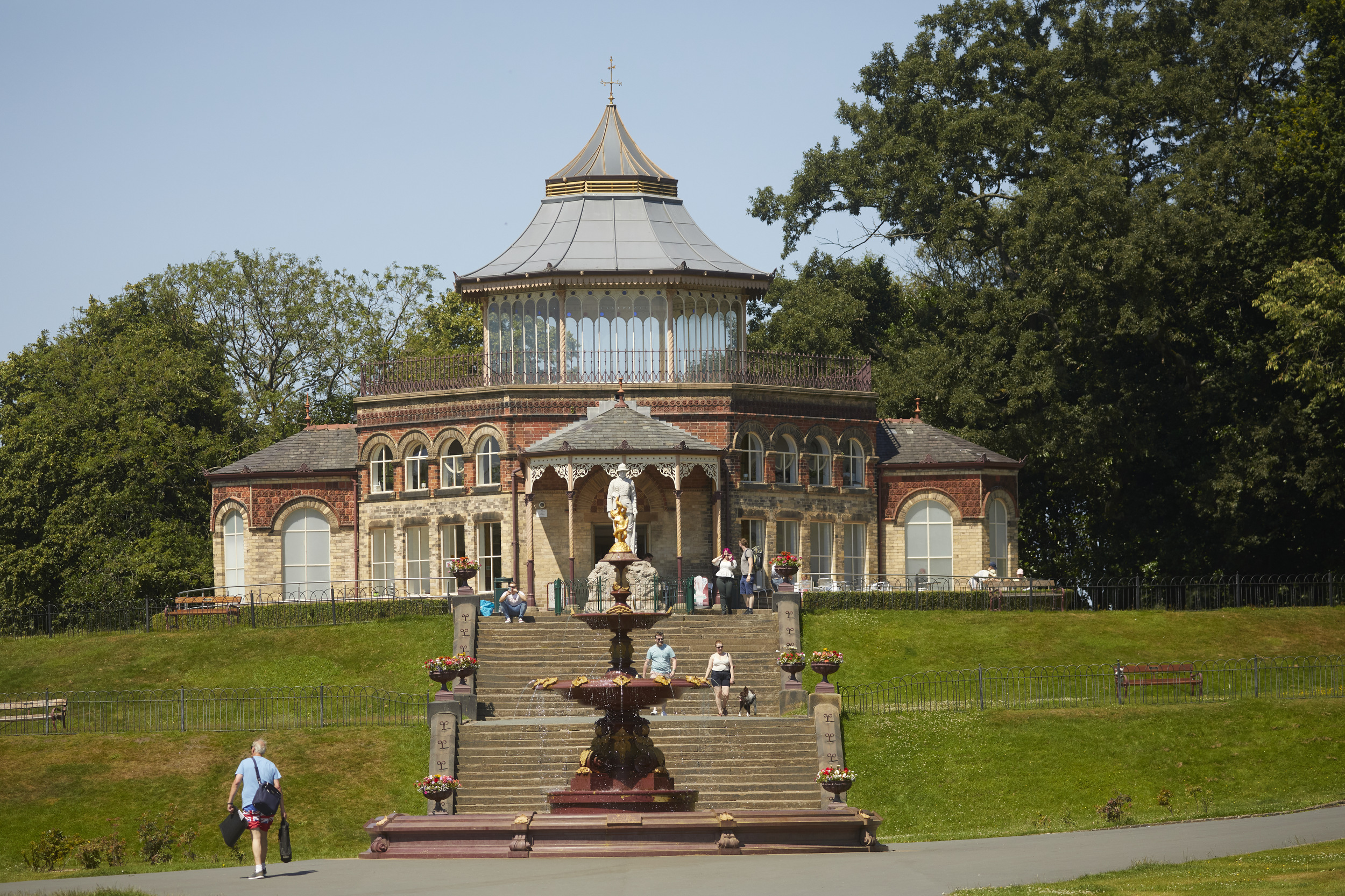 Wigan town centre Lancashire, Wigan Grade II listed Mesnes Park with Victorian octagonal pavilion, The Boer War memorial and The Coalbrookdale fountain